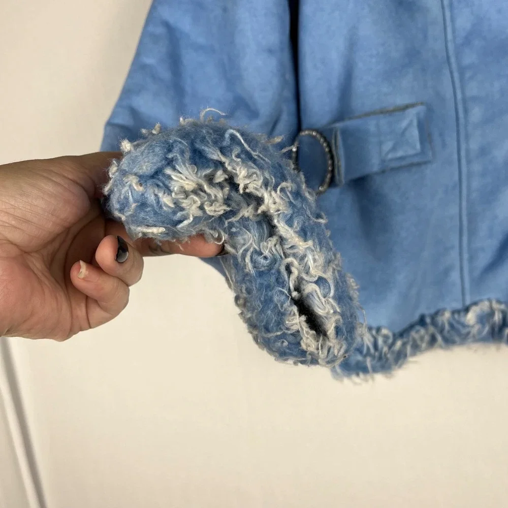 Rothschild Kids Blue Faux Suede Fur Trimmed Winter Jacket Rhinestones Girls 14Lg